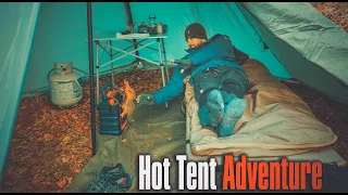 Cold Weather Camping in a Massive Hot Tent : New Camp Site, Cooking, Wood Processing, and Shed