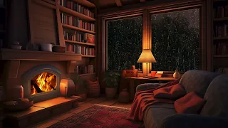 Deep Sleep in Cozy Room with Raindrops Falling on Window | Crackling Fireplace for Relaxing