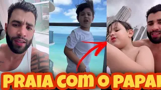 Gusttavo Lima de ressaca, CURTE praia com os filhos Gabriel e Samuel