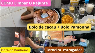 Como limpar o rejunte, bolo cacau, bolo pamonha, começou a obra do banheiro. Vlog