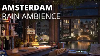 Amsterdam Study Room Ambience with Water Canal View and Relaxing Gentle Light Rain Sounds