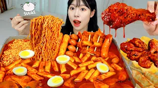 ASMR MUKBANG| Tteokbokki with Ramen Noodles and Fish cake skewers. Seasoned Buffalo Wings.