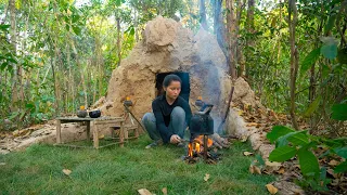 Girl Builds a Shelter Using Termite Mount Base, Girl Survival Builder