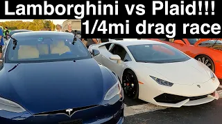 Lamborghini vs Tesla Plaid!!! 1/4 mile drag race!!  Sexy Lambo LP610-4 vs the Model S Plaid Sedan!