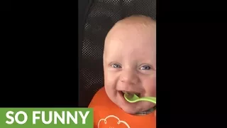 Baby's hilarious reaction to first time trying peas