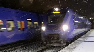 Tåg i Örtofta under snöfall 2023