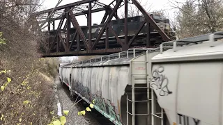 Train Passes Over Train & RAILWAY  SHOO-FLY! 2 Trains W/ 2 DPUs Each! CSX Vs Norfolk Southern RR MOW