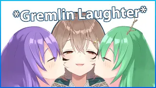 Mumei laughs like a gremlin after Fauna and Moona kissed her