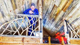 Making a Loft Railing from Pine Branches in an Off Grid Cabin.