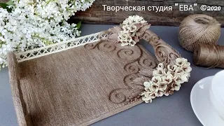 Идея для кухни/Поднос из картона и джута/Сирень+3D листья/Пластика из джута с элементами филиграни.