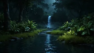 1 Hour | Calming night jungle waterfall - nature ambience