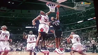 Scottie Pippen block on Kendall Gill drive end of game in OT