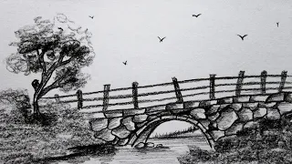 Pencil drawing of a stone bridge