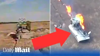 Ukraine FPV drone blows up enemy tank leaving Russian soldiers leaping for their lives