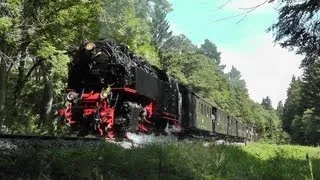 Dampflok 99 222 vor dem Traditionszug der Harzer Schmalspurbahnen