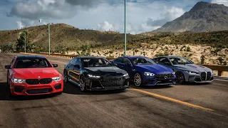 Forza Horizon 5 Drag race: 2021 Audi RS7 vs AMG GT63S 4-Door vs BMW M5 Competition vs BMW M4 CSL G82