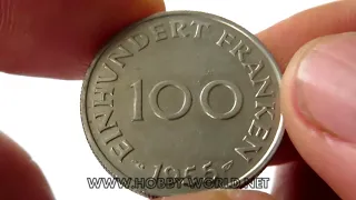 Немецкая монета 1955 100 франков Саарланд