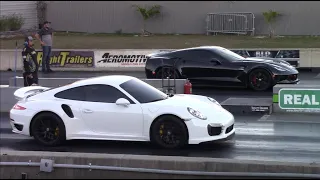 C7 Z06 Corvette vs Porsche 911 Turbo S, Hellcat Challenger, C7 Z06 & Turbo Chrysler 300 1/4 Mile