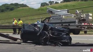 Car Seen Mangled in Power Lines After Hitting Utility Pole in Winston-Salem