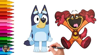 How to Draw and Color Bluey and DogDay tutorial for kids