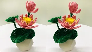 Pipe Cleaners Lotus flower mini pot Tutorial for beginners | Làm chậu hoa sen để bàn bằng kẽm nhung