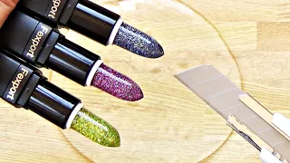 Slime Coloring with Makeup! Mixing 3 Glitter Lipsticks into Slime! Satisfying Lipstick Cutting #2