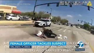 Bodycam video shows female officer tackling man suspected of breaking into cars