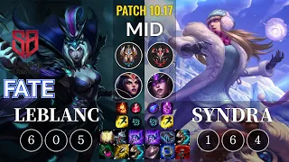 SB FATE LeBlanc vs Syndra Mid - KR Patch 10.17