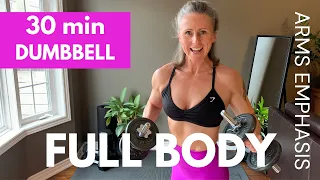 30min DUMBBELL HIIT WORKOUT full body + arms emphasis (build strength, burn fat)