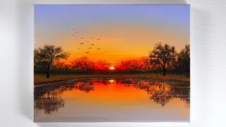 Sunset Painting | Sunset Landscape Painting | Sunset on the Lake Acrylic Painting