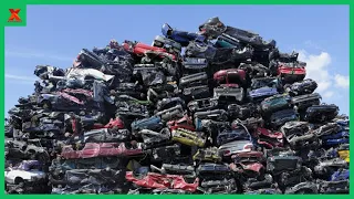 The Fate of End-of-Life Vehicle. Car Recycling Process. Car Crush Machine and Steel Shear