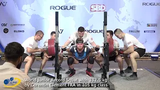 World Junior Record Squat with 332.5 kg by Corentin Clement FRA in 105 kg class