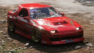 Drift car Mazda RX-7 Twerkstallion hooning around in Forza Horizon 5 with steering wheel