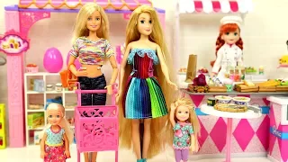 Barbie Doll Supermarket Shopping with Chelsea Rapunzel, They Go Shopping Surprise Eggs