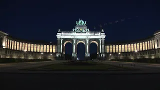 Famous Grand Place in Brussels illuminated in NATO blue for the Summit