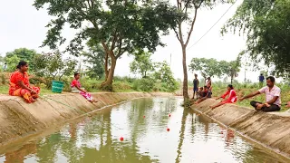 Fishing video || incredible three lady & man catching big fish with hook in village big canal #fish