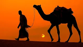 Camel Drivers at Sunset with Middle Eastern Music