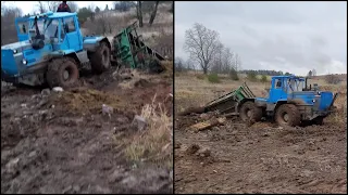 ДТ-75, Кировец, Т-150, МТЗ-82 Экскаватор вытаскивают прицеп. Телега с силосом ушла с моста. Часть 1.