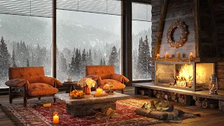 Early Morning Winter ❄ Smooth Jazz, Fireplace & Blizzard ASMR in Cozy Forest Hut to Relax & Sleep