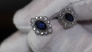 Blue sapphire diamond ear studs, Sapphire blue diamond ear studs, Oval blue diamond ear studs