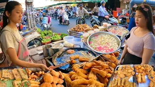 Cambodian street food at Phnom Penh Local Market - Delicious, Donut, Hotdog, Bee & fresh foods
