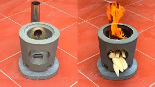 Make Smokeless Firewood Stove with Old Plastic Buckets and Cement