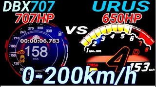 DragRace 2022 Aston Martin DBX 707HP VS Lambo URUS 650 HP Acceleration Sound 0-200 100-200 km/h