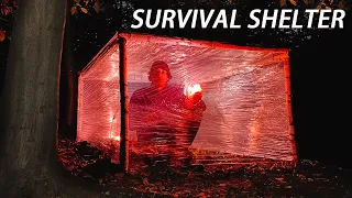 Building Survival Shelter from Plastic Wrap | Cooking Food on a Campfire | Overnight in Forest