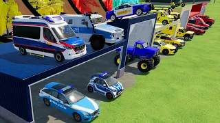 TRANSPORTING POLICE CARS, AMBULANCE, CARS, FIRE TRUCK, MONSTER TRUCK OF COLORS! WITH TRUCKS! - FS 22