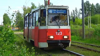 "С прямоугольными фарами!" Трамвай 71-605 (КТМ-5М3) №123 с маршрутом №6 "Ул. Чкалова - Ул. Блюхера"