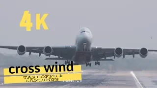 Airbus A380 and other Aircraft Crosswind Takeoffs and Landings in stormy weather 4K Video