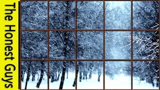 WINTER WINDOW SNOW SCENE - Storm with Wind & Fireplace Sounds