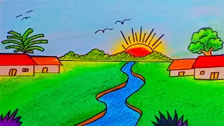 How to draw a beautiful house 🏡 🏡 scenery || beautiful village sunset scenery easy #trending #viral