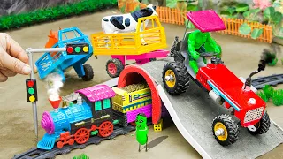 Diy tractor making bulldozer make concrete bridge for train,Heavy truck carrying cows Miniature Farm